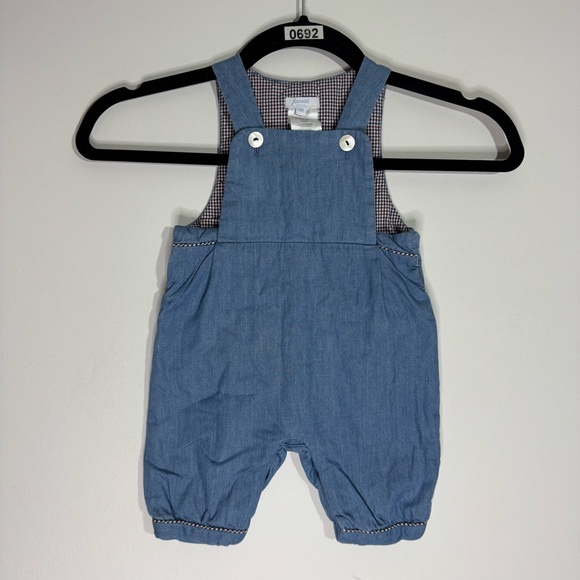 Jacadi Paris Baby Boy Chambray Romper Overalls 3M Gingham Lined - Picture 1 of 8